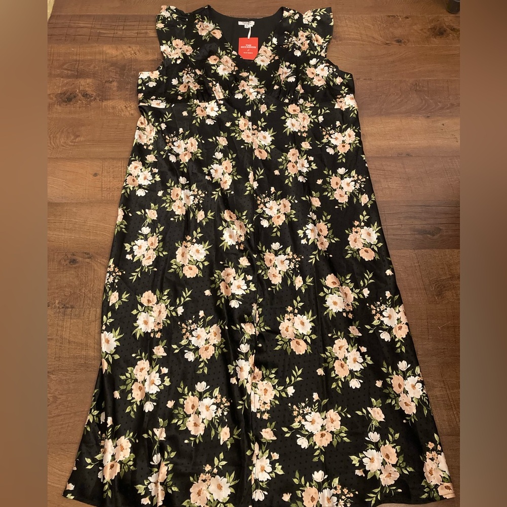 Old Navy The Occasion Black Satin Maxi Dress Slit Pink/Peach Floral Women’s 4X